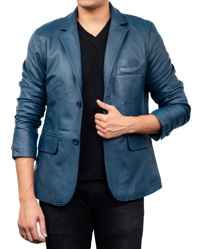 5-Button Men Lambskin Leather Blazer-Blue